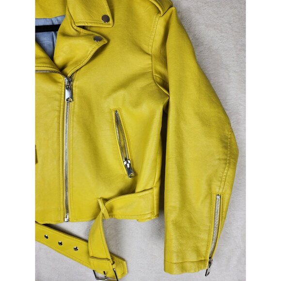 Zara Basic Women's Large Faux Leather Jacket Mustard Yellow Biker - Picture 4 of 13